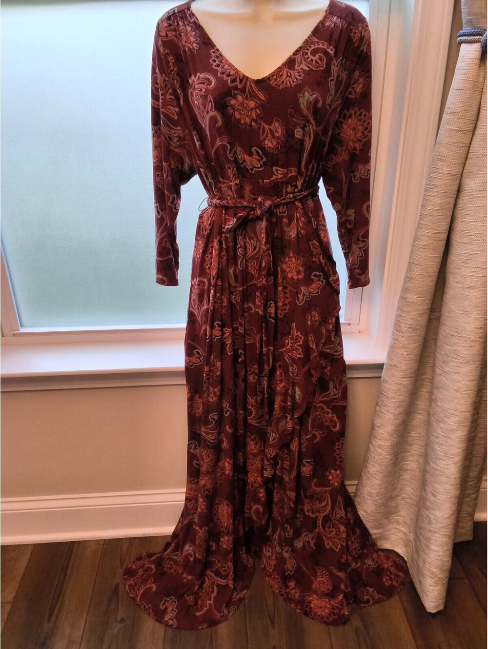 Isabel Maternity Boho Ruffle Maxi Dress Burgundy Paisley 3/4 sleeve Soft M